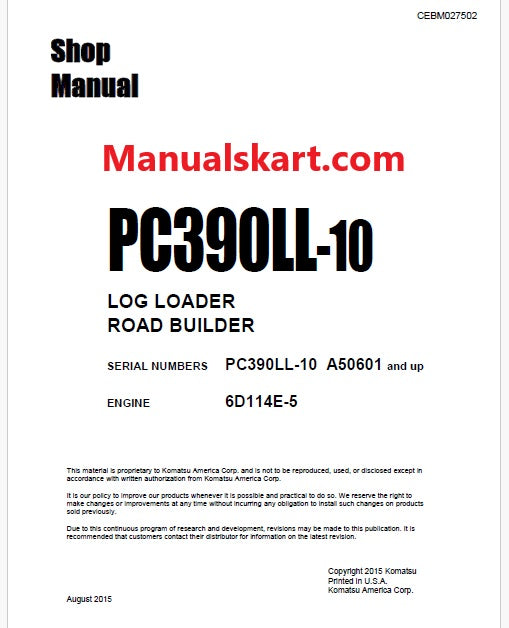 Komatsu PC390LL-10 Log Loader Road Builder Pdf Shop Repair Service Manual Sn A50601 and UP