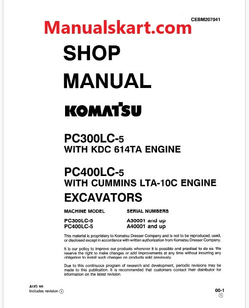 Komatsu PC3OOLC-5 Hydraulic Excavator Pdf Shop Repair Service Manual Sn A30001 and UP (With KDC 614TA Engine)