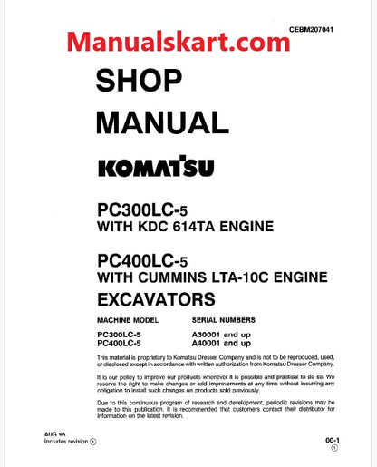 Komatsu PC3OOLC-5 Hydraulic Excavator Pdf Shop Repair Service Manual Sn A30001 and UP (With KDC 614TA Engine)