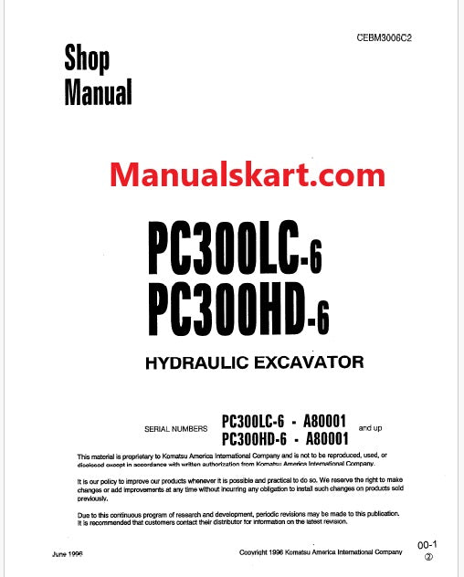 Komatsu PC3OOLC-6, PC300HD-6 Hydraulic Excavator Pdf Shop Repair Service Manual Sn A80001 and UP