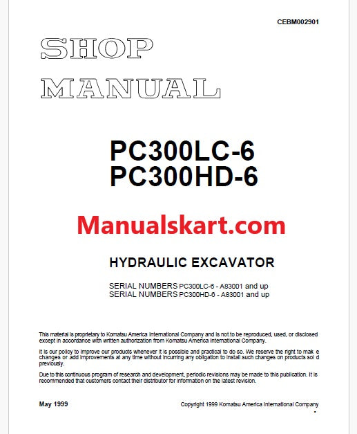 Komatsu PC3OOLC-6, PC300HD-6 Hydraulic Excavator Pdf Shop Repair Service Manual Sn A83001 and UP