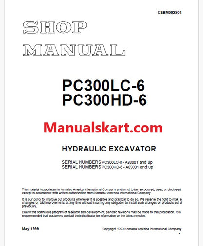 Komatsu PC3OOLC-6, PC300HD-6 Hydraulic Excavator Pdf Shop Repair Service Manual Sn A83001 and UP