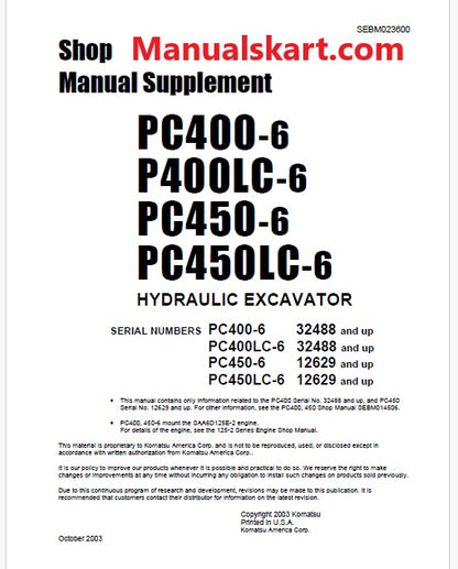 Komatsu PC400-6, PC400LC-6 Hydraulic Excavator Pdf Shop Manual Supplement Sn 32488 and UP