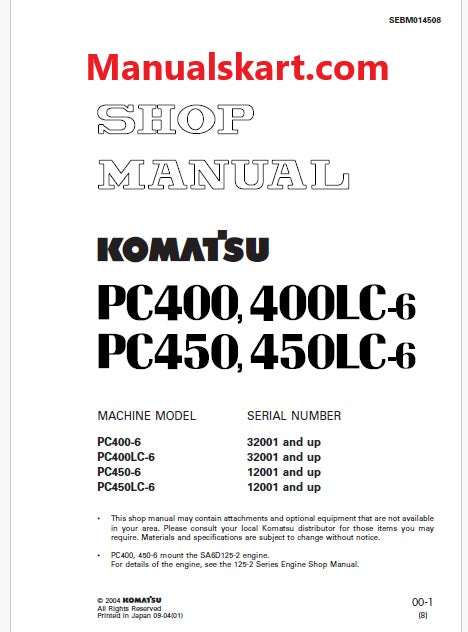 Komatsu PC400-6, PC400LC-6 Hydraulic Excavator Pdf Shop Repair Service Manual Sn 32001 and UP