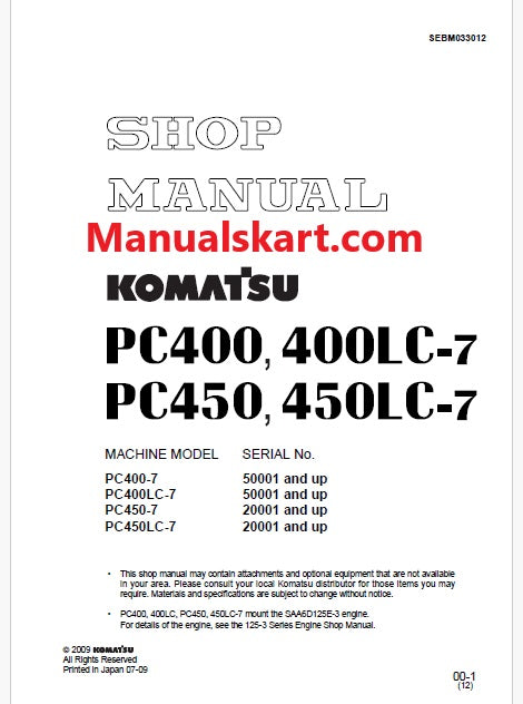 Komatsu PC400-7, PC400LC-7 Hydraulic Excavator Pdf Shop Repair Service Manual Sn 50001 and UP