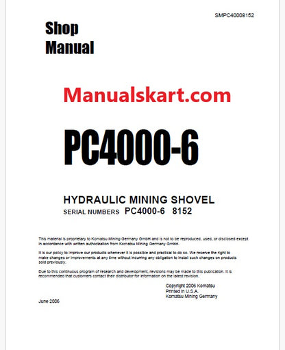 Komatsu PC4000-6 Hydraulic Mining Shovel Pdf Repair Service Manual Sn 8152
