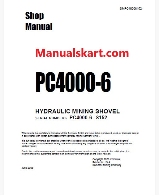 Komatsu PC4000-6 Hydraulic Mining Shovel Pdf Repair Service Manual Sn 8152