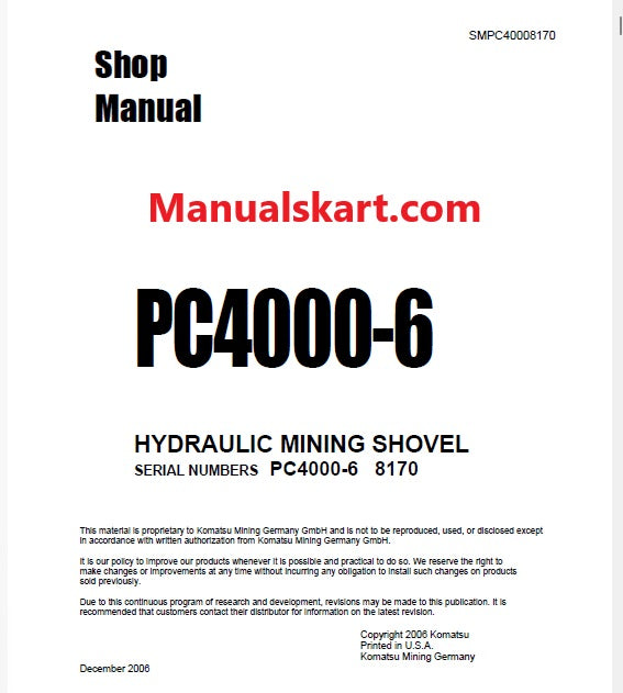 Komatsu PC4000-6 Hydraulic Mining Shovel Pdf Repair Service Manual Sn 8170