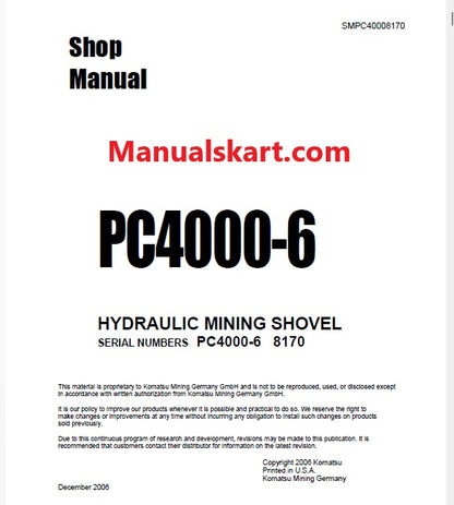 Komatsu PC4000-6 Hydraulic Mining Shovel Pdf Repair Service Manual Sn 8170