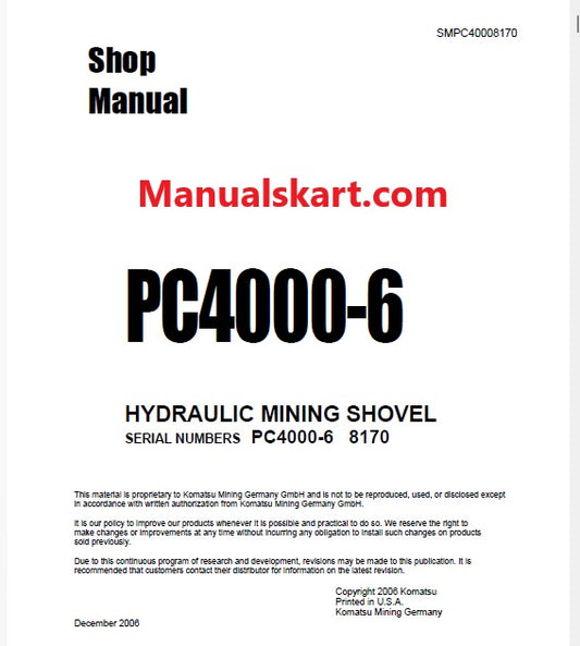 Komatsu PC4000-6 Hydraulic Mining Shovel Pdf Repair Service Manual Sn 8170
