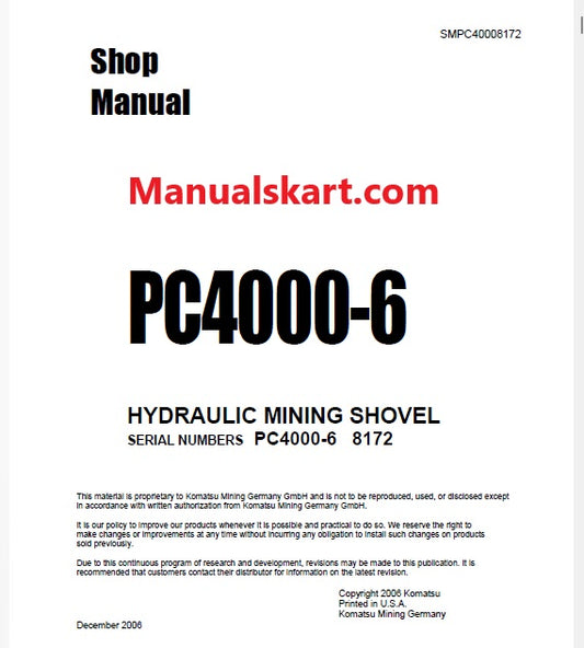 Komatsu PC4000-6 Hydraulic Mining Shovel Pdf Repair Service Manual Sn 8172