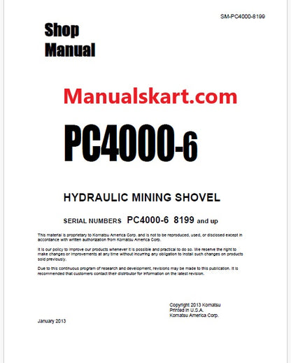 Komatsu PC4000-6 Hydraulic Mining Shovel Pdf Repair Service Manual Sn 8199 and UP