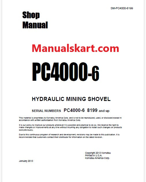 Komatsu PC4000-6 Hydraulic Mining Shovel Pdf Repair Service Manual Sn 8199 and UP