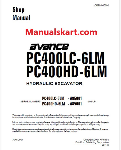 Komatsu PC400LC-6LM, PC400HD-6LM Avance Hydraulic Excavator Pdf Shop Repair Service Manual Sn A85001 and UP