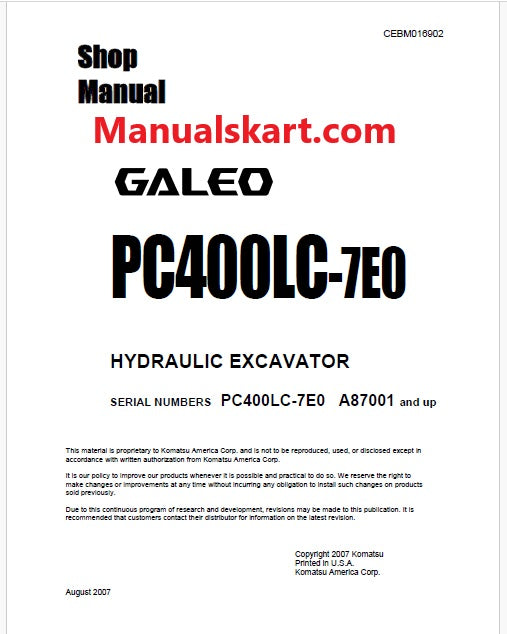 Komatsu PC400LC-7E0 Hydraulic Excavator Pdf Shop Repair Service Manual Sn A87001 and UP