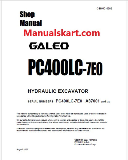 Komatsu PC400LC-7E0 Hydraulic Excavator Pdf Shop Repair Service Manual Sn A87001 and UP