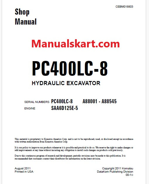 Komatsu PC400LC-8 Hydraulic Excavator Pdf Shop Repair Service Manual Sn A88001 - A88545 and UP