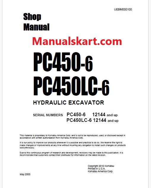 Komatsu PC450-6, PC450LC-6 Hydraulic Excavator Pdf Shop Repair Service Manual Sn 12144 and UP