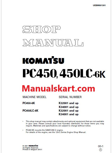 Komatsu PC450-6K Hydraulic Excavator Pdf Shop Repair Service Manual Sn K32001 and UP