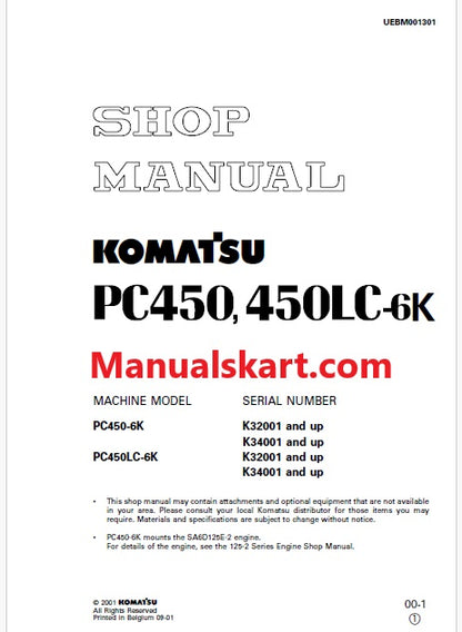 Komatsu PC450-6K Hydraulic Excavator Pdf Shop Repair Service Manual Sn K32001 and UP