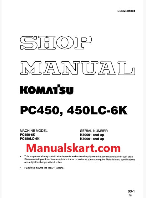 Komatsu PC450-6K, PC450LC-6K Hydraulic Excavator Pdf Shop Repair Service Manual Sn K30001 and UP
