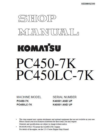 Komatsu PC450-7K, PC450LC-7K Excavator Pdf Shop Repair Service Manual