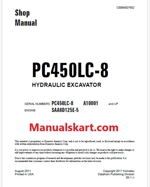 Komatsu PC450LC-8 Hydraulic Excavator Pdf Shop Repair Service Manual Sn A10001 and UP