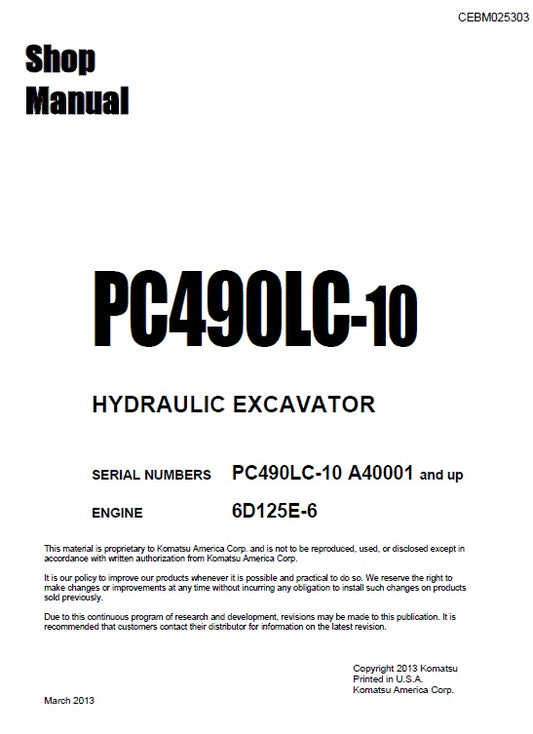 Komatsu PC490LC-10 Crawler Hydraulic Excavator Pdf Shop Repair Service Manual (Sn A40001 And UP)