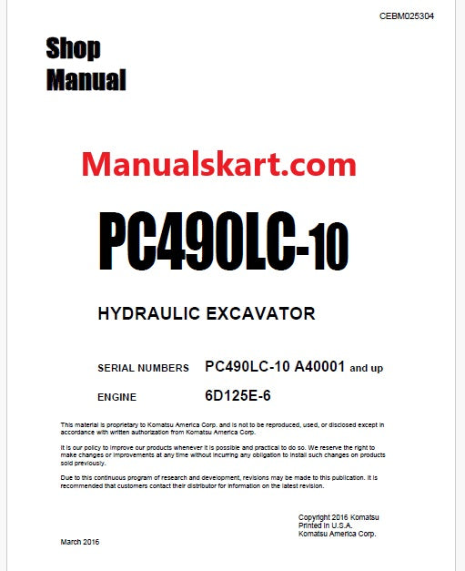 Komatsu PC490LC-10 Hydraulic Excavator Pdf Shop Repair Service Manual Sn A40001 and UP