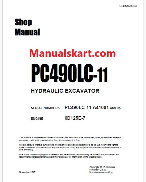 Komatsu PC490LC-11 Hydraulic Excavator Pdf Shop Repair Service Manual Sn A41001 and UP