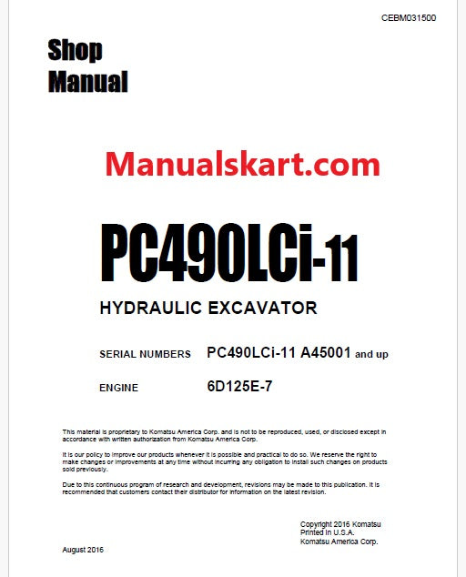 Komatsu PC490LCi-11 Hydraulic Excavator Pdf Shop Repair Service Manual Sn A45001 and UP