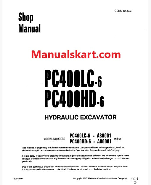 Komatsu PC4OOLC-6, PC400HD-6 Hydraulic Excavator Pdf Shop Repair Service Manual Sn A80001 and UP