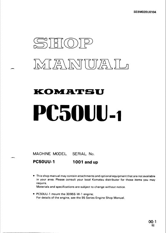 Komatsu PC50UU-1 Excavator Pdf Shop Repair Service Manual (Sn 1001 UP)