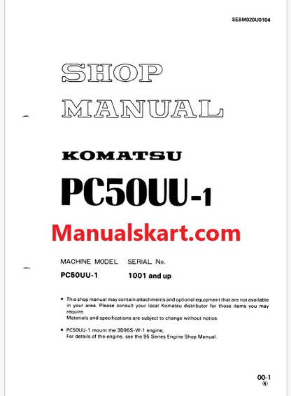 Komatsu PC50UU-1 Hydraulic Excavator Pdf Repair Service Manual Sn 1001 and UP