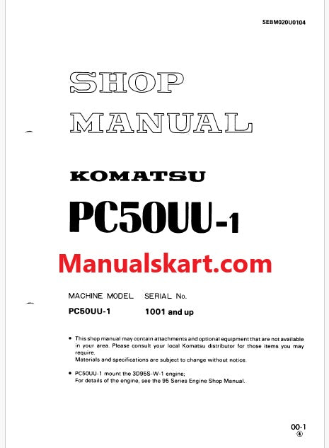 Komatsu PC50UU-1 Hydraulic Excavator Pdf Repair Service Manual Sn 1001 and UP