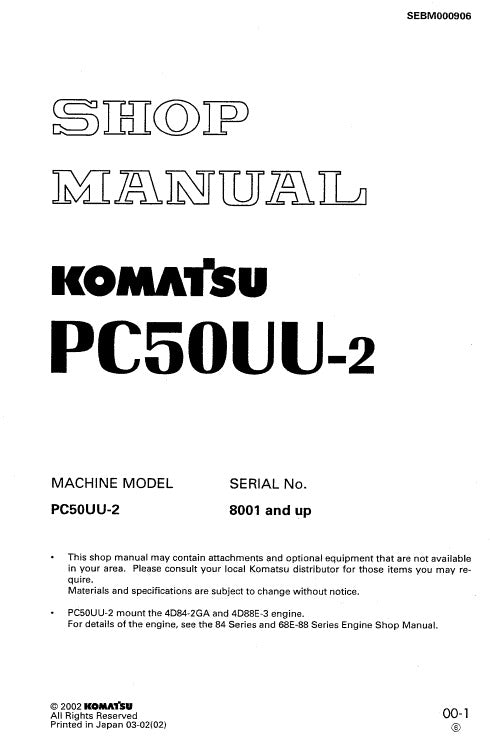 Komatsu PC50UU-2 Crawler Hydraulic Excavator Pdf Shop Repair Service Manual (Sn 8001 And UP)