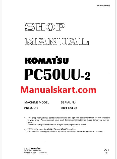 Komatsu PC50UU-2 Hydraulic Excavator Pdf Repair Service Manual Sn 8001 and UP