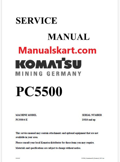 Komatsu PC5500-6 E Hydraulic Mining Shovel Pdf Repair Service Manual Sn 15016 and UP