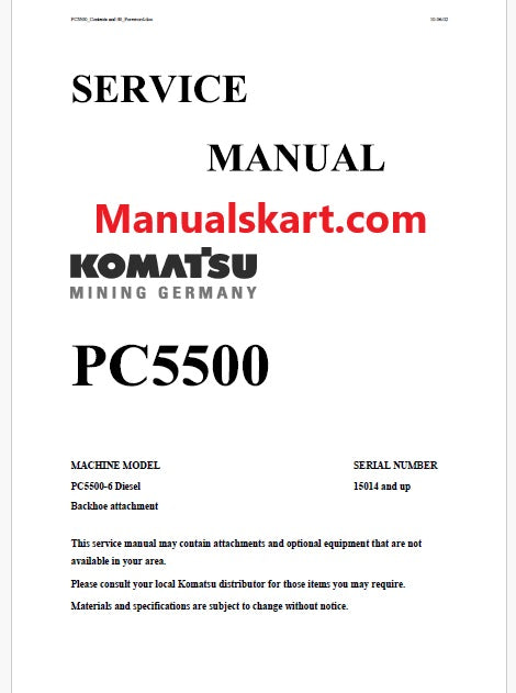 Komatsu PC5500-6 Hydraulic Mining Shovel Pdf Repair Service Manual Sn 15014 and UP