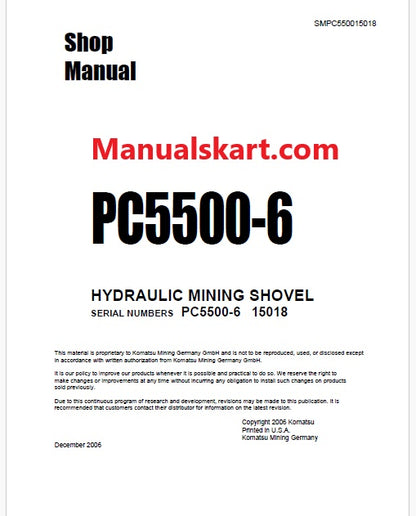 Komatsu PC5500-6 Hydraulic Mining Shovel Pdf Repair Service Manual Sn 15018