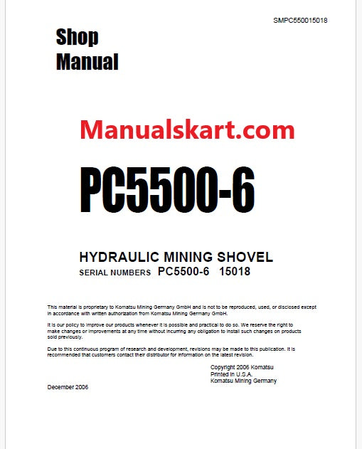 Komatsu PC5500-6 Hydraulic Mining Shovel Pdf Repair Service Manual Sn 15018