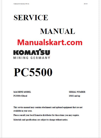 Komatsu PC5500-6 Hydraulic Mining Shovel Pdf Repair Service Manual Sn 15031 and UP