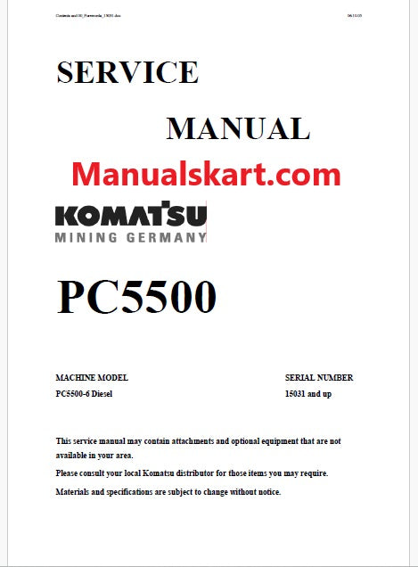 Komatsu PC5500-6 Hydraulic Mining Shovel Pdf Repair Service Manual Sn 15031 and UP