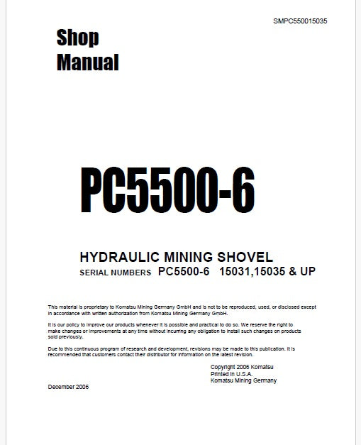 Komatsu PC5500-6 Hydraulic Mining Shovel Pdf Repair Service Manual Sn 15035 and UP