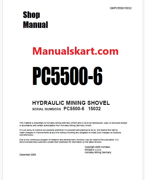 Komatsu PC5500-6 Hydraulic Mining Shovel Pdf Repair Service Manual Sn 15032