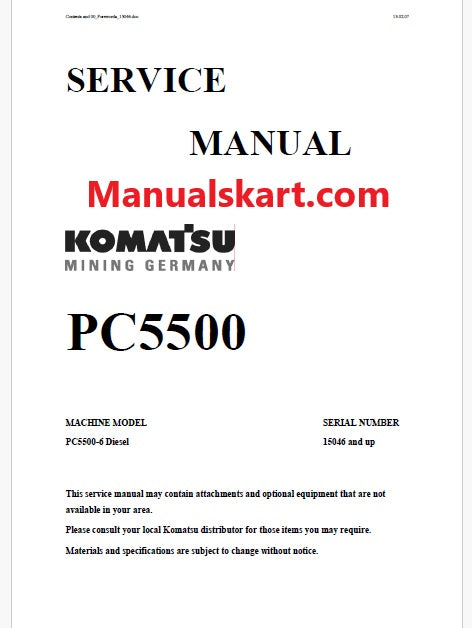 Komatsu PC5500-6 Hydraulic Mining Shovel Pdf Repair Service Manual Sn 15046 and UP