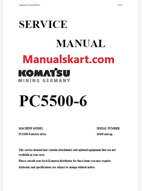 Komatsu PC5500-6 Hydraulic Mining Shovel Pdf Repair Service Manual Sn 15050 and UP