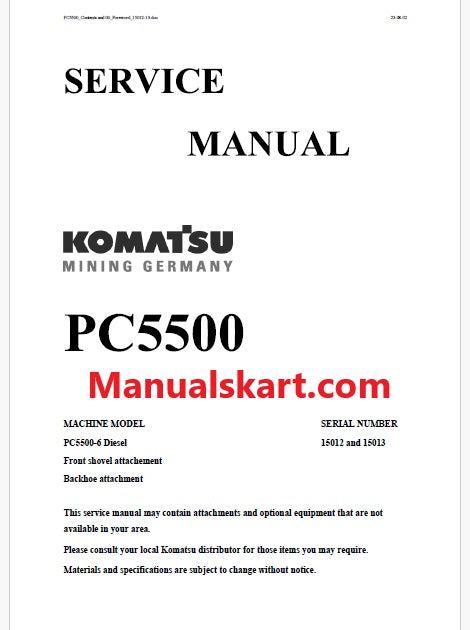 Komatsu PC5500 Hydraulic Mining Shovel Pdf Repair Service Manual Sn 15013