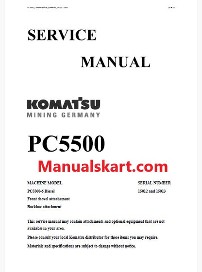 Komatsu PC5500 Hydraulic Mining Shovel Pdf Repair Service Manual Sn 15013
