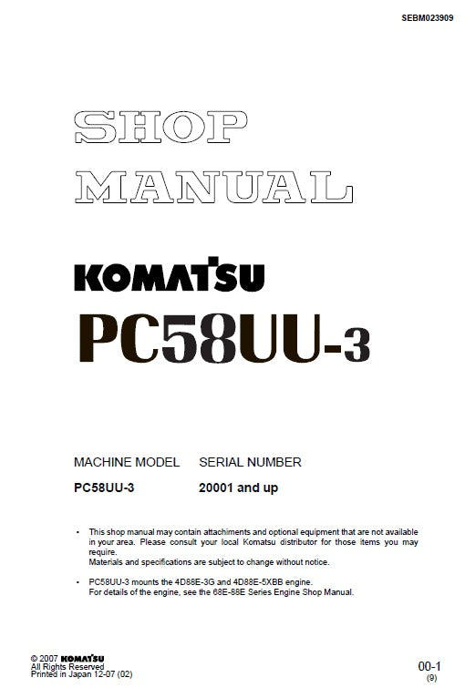 Komatsu PC58UU-3 Crawler Hydraulic Excavator Pdf Shop Repair Service Manual (Sn 20001 And UP)